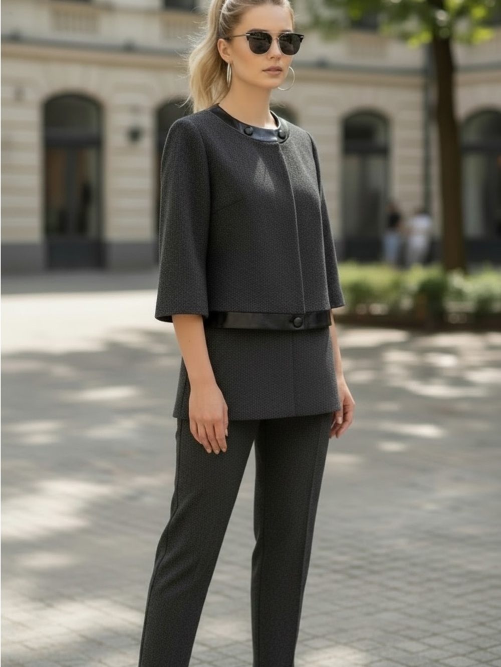 Worthington L retro grey tweed black crinkled faux black leather crop jacket - Picture 5 of 10